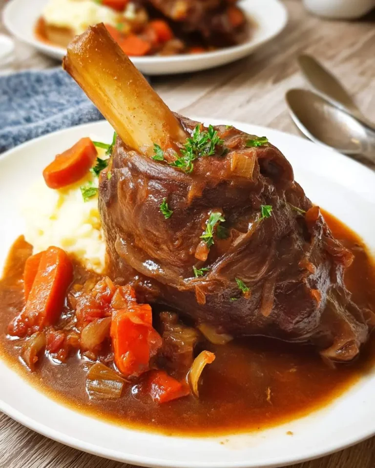 Slow Cooker Greek Lamb Shank served with mashed potatoes, carrots, and rich brown gravy on a white plate.