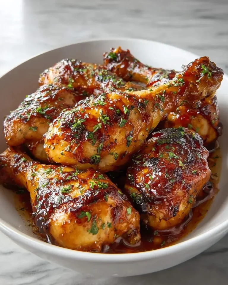 Glossy Slow Cooker Honey BBQ Chicken Drumsticks piled in a white bowl, garnished with fresh herbs.