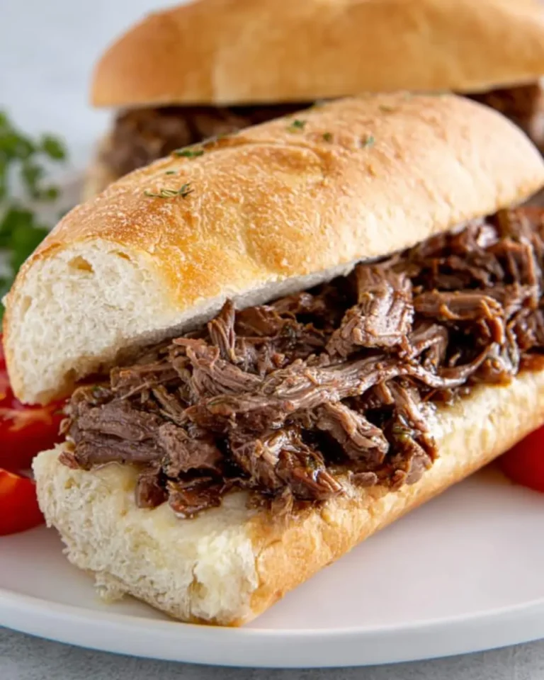 A close-up of a Slow Cooker Italian Beef Sandwich on a crusty roll, piled high with tender shredded beef.