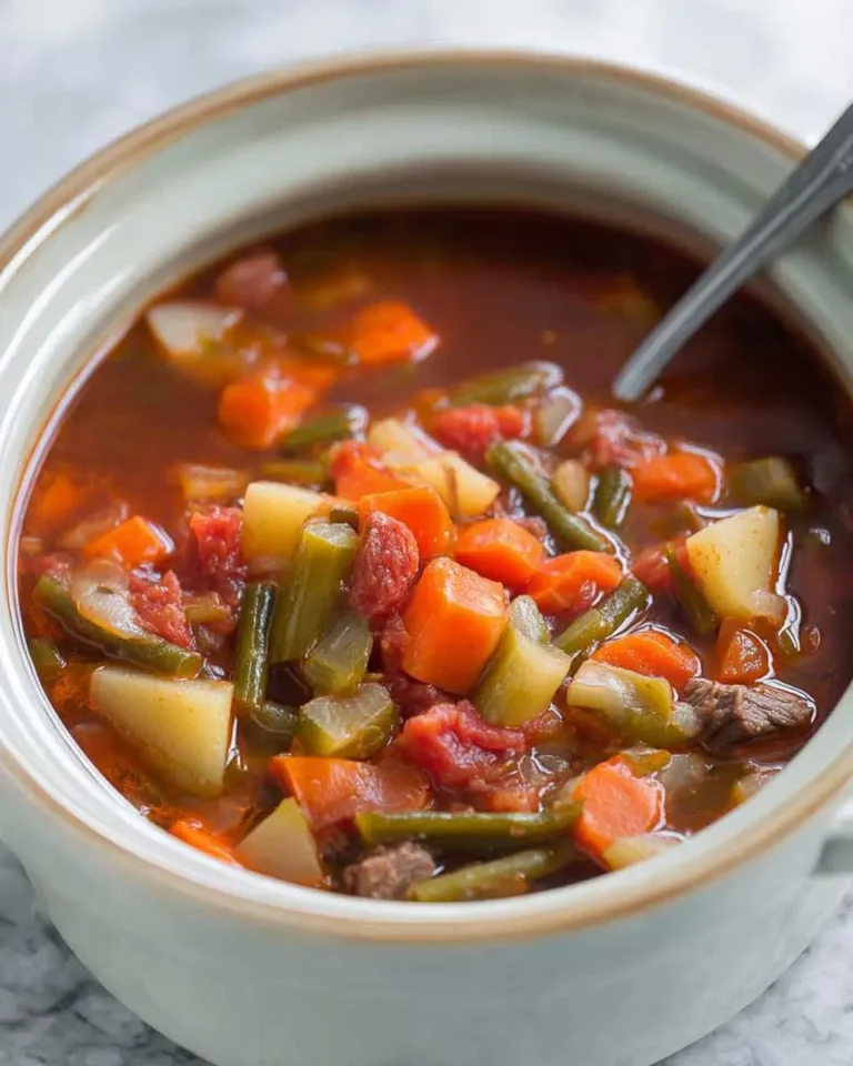 A bowl of hearty slow cooker vegetable stew with carrots, potatoes, green beans, and beef in a rich broth.