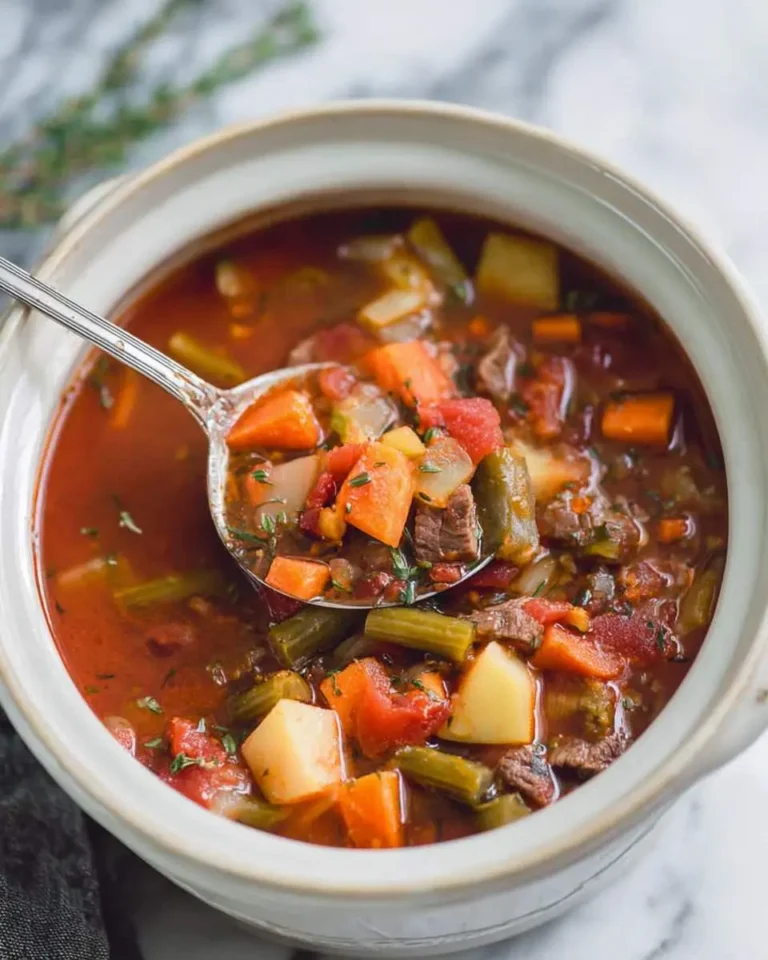 A spoonful of hearty slow cooker vegetable stew with beef, carrots, potatoes, and celery in a white bowl.