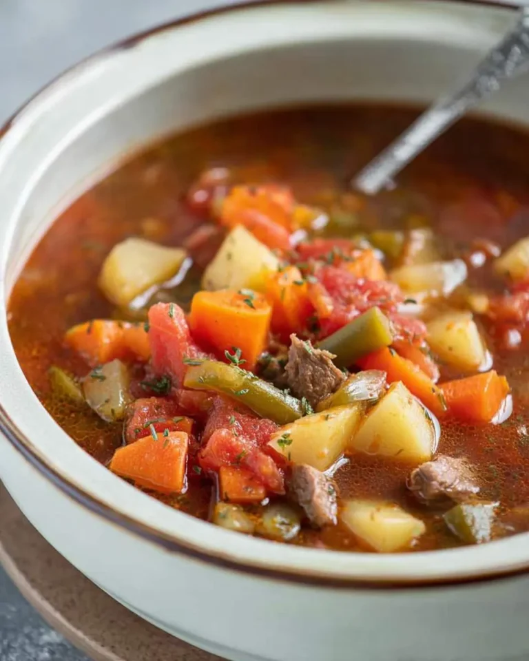 A warm bowl of slow cooker vegetable stew with tender beef, carrots, potatoes, and celery in a rich tomato broth.