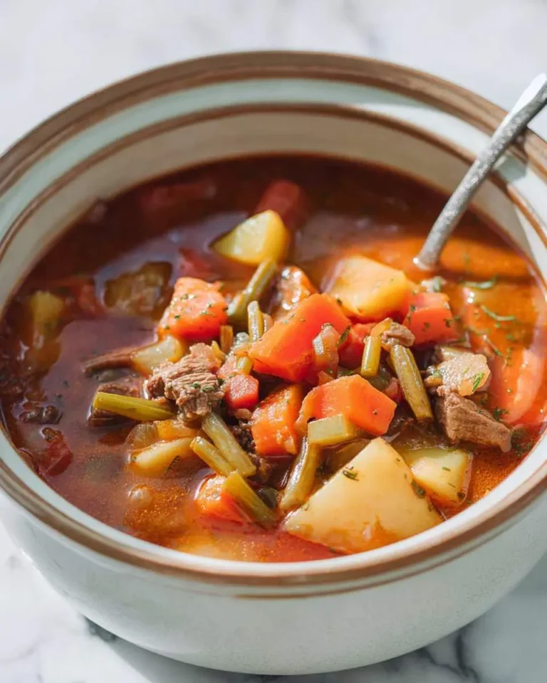 A warm bowl of slow cooker vegetable stew with tender beef, carrots, potatoes, and green beans in a rich broth.