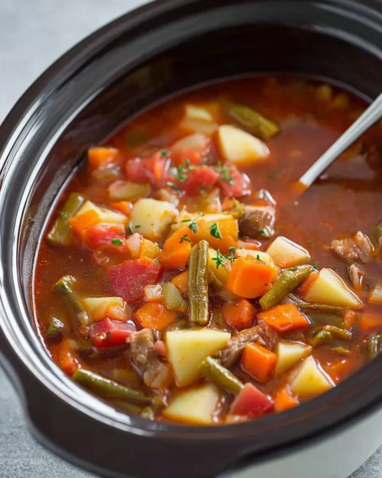 A close-up of hearty slow cooker vegetable stew with tender beef, potatoes, carrots, green beans, and tomatoes in a rich broth.