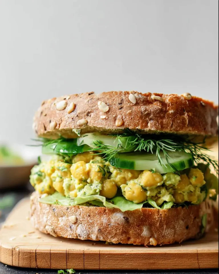 A Smashed Chickpea Avocado Dill Pickle Sandwich on seeded bread with cucumber slices and fresh dill.