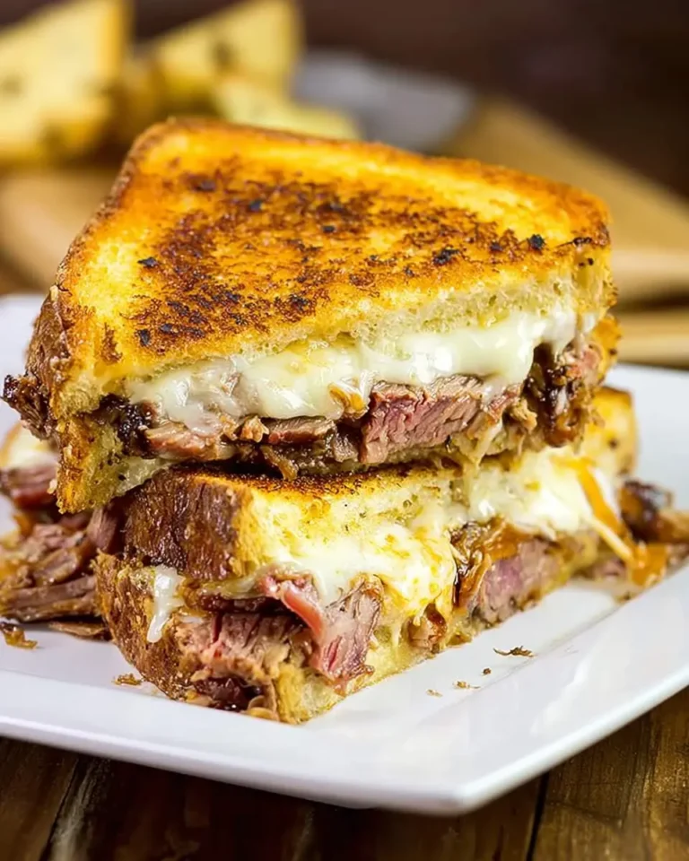 A Smoked Brisket Grilled Cheese sandwich cut in half and stacked, showing melted cheese and tender brisket.