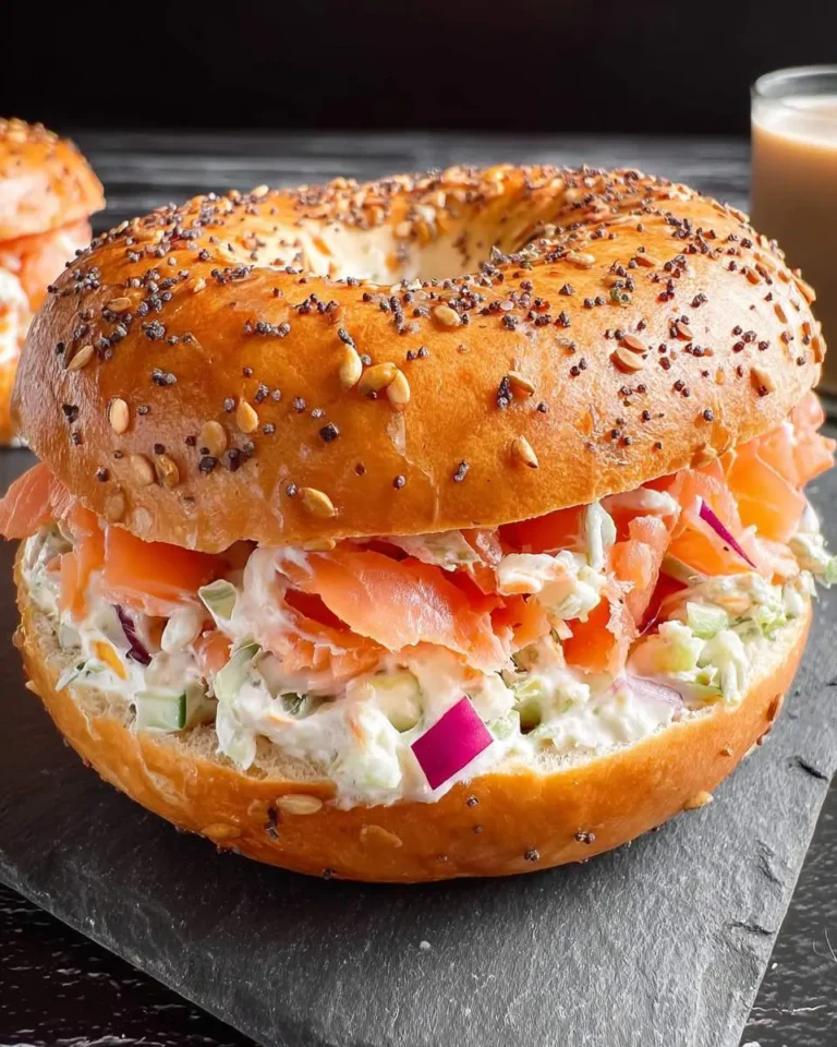 A loaded smoked salmon bagel sandwich with cream cheese, vegetables, and an everything bagel on a slate board.