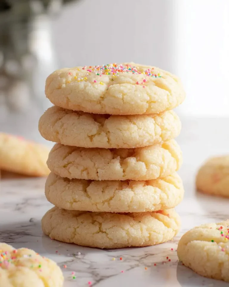 A stack of five soft sugar cookies with colorful sprinkles on top, displayed on a marble surface.