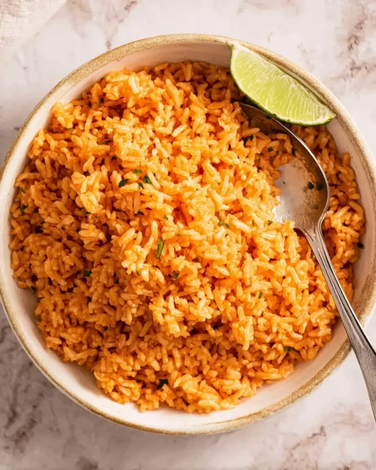 A bowl of fluffy Spanish Rice garnished with fresh herbs and a lime wedge, served with a spoon.