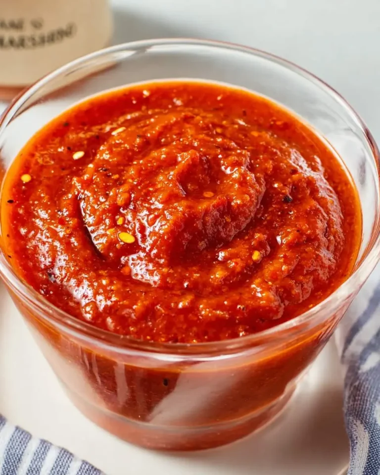 A glass bowl filled with vibrant red spicy harissa sauce, showcasing its thick, textured consistency with visible chili seeds.