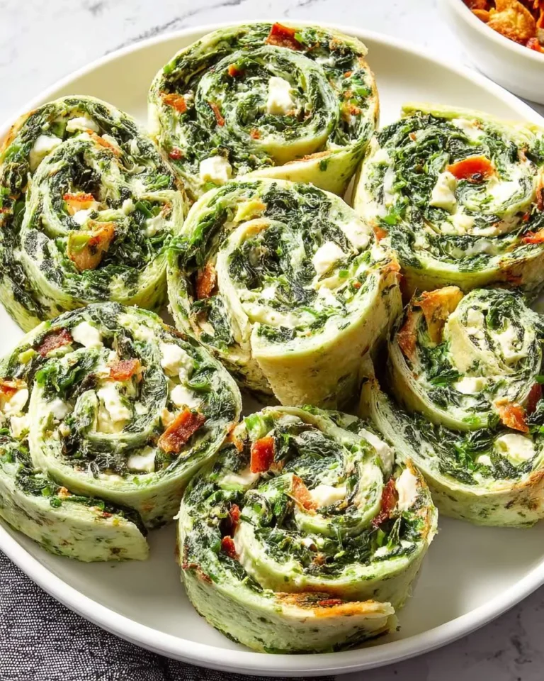 A white plate filled with Spinach Dip Pinwheels showing green swirls of spinach, cream cheese, and crispy bacon bits.
