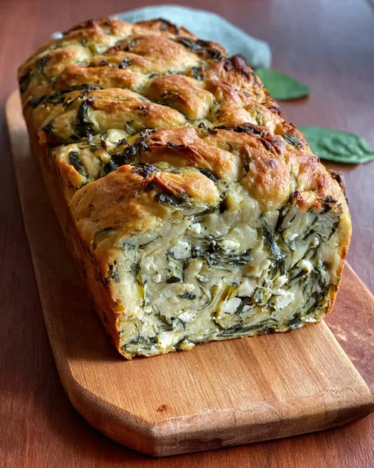 A golden-brown loaf of spinach feta bread with visible green spinach and white feta chunks, sliced to show the moist interior.
