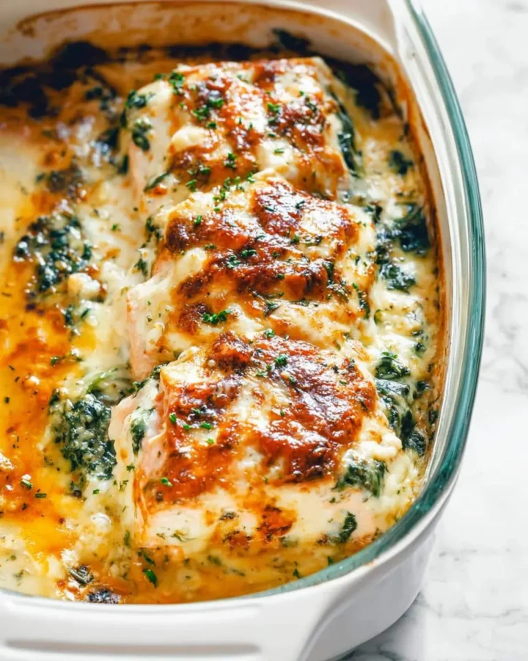 Baked Spinach Salmon Casserole with Cream Cheese and Mozzarella in a white dish, topped with golden melted cheese.