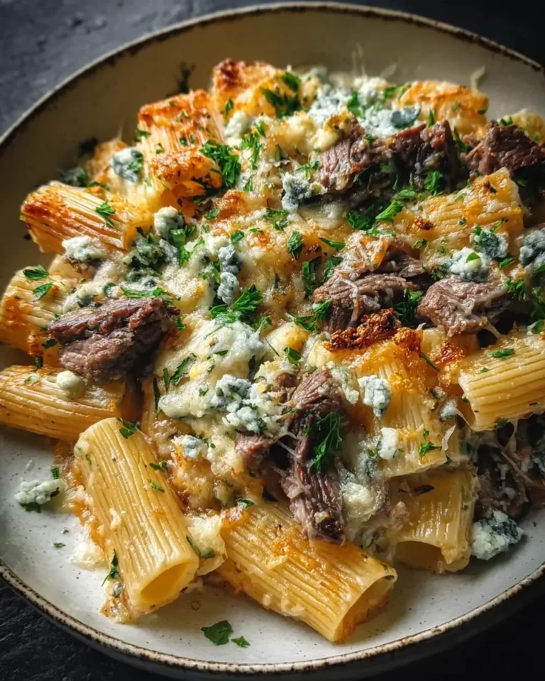 Steak and Blue Cheese Rigatoni Bake served on a rustic plate, topped with melted cheese and fresh herbs.