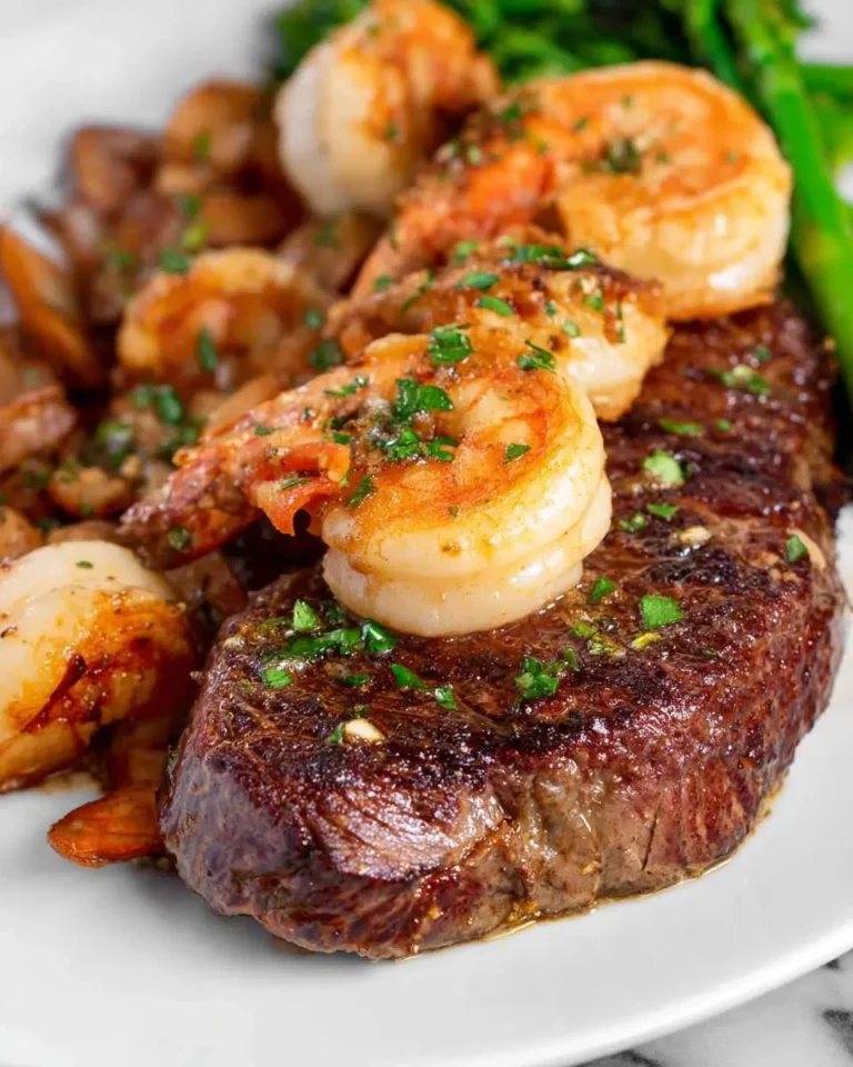 Juicy grilled steak topped with seasoned shrimp, showcasing a classic Steak and Shrimp Surf and Turf dinner plate.