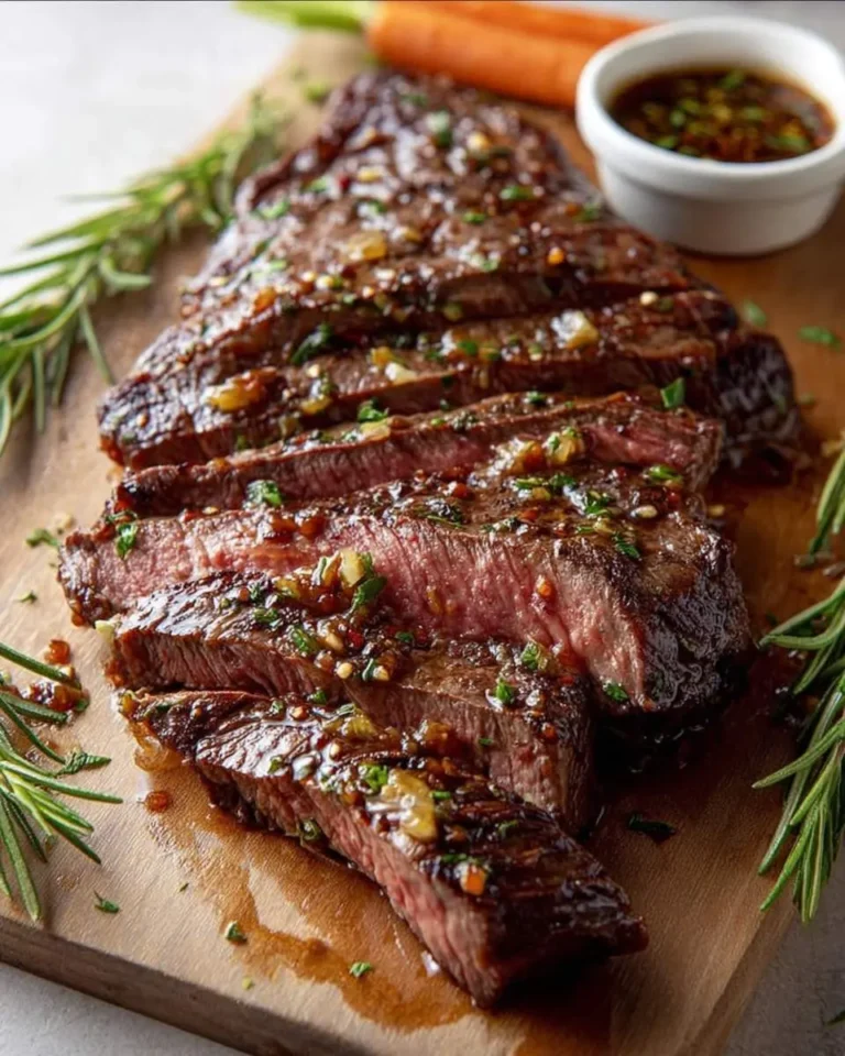 Sliced grilled steak with herb steak marinade drizzled on top, served on a wooden cutting board with rosemary and sauce.