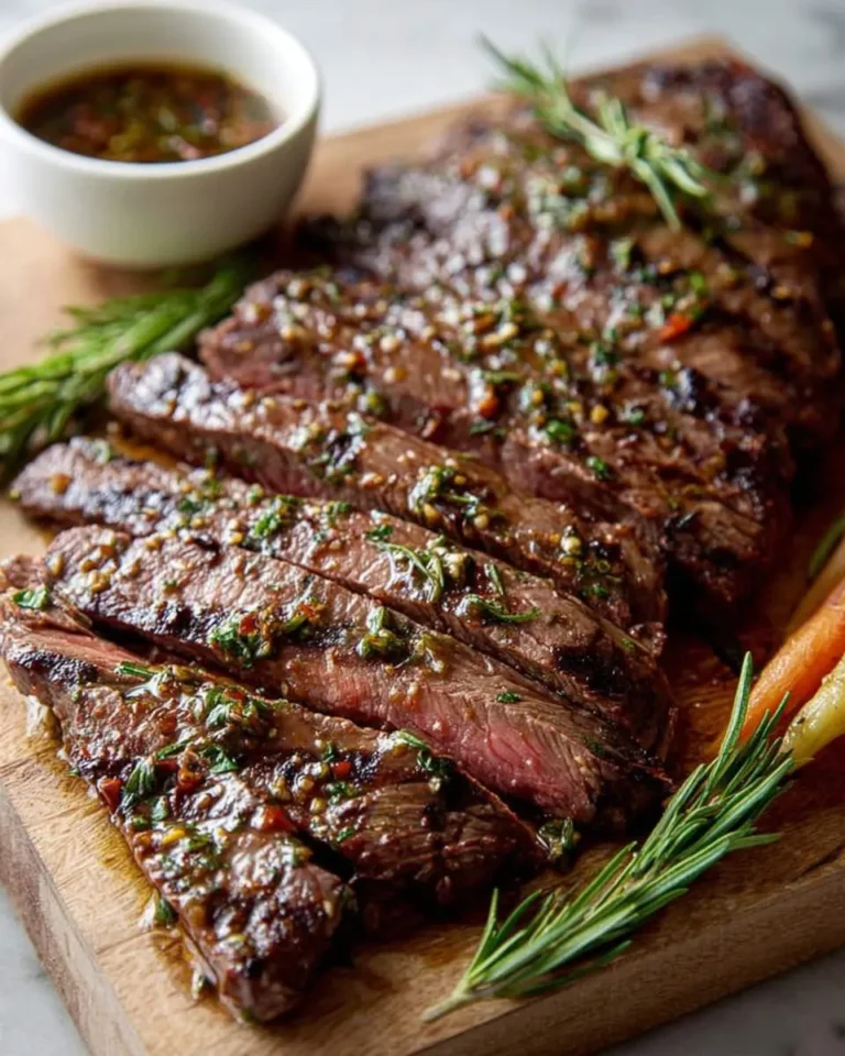 Sliced grilled steak with herb steak marinade drizzled on top, served on a wooden board with rosemary.