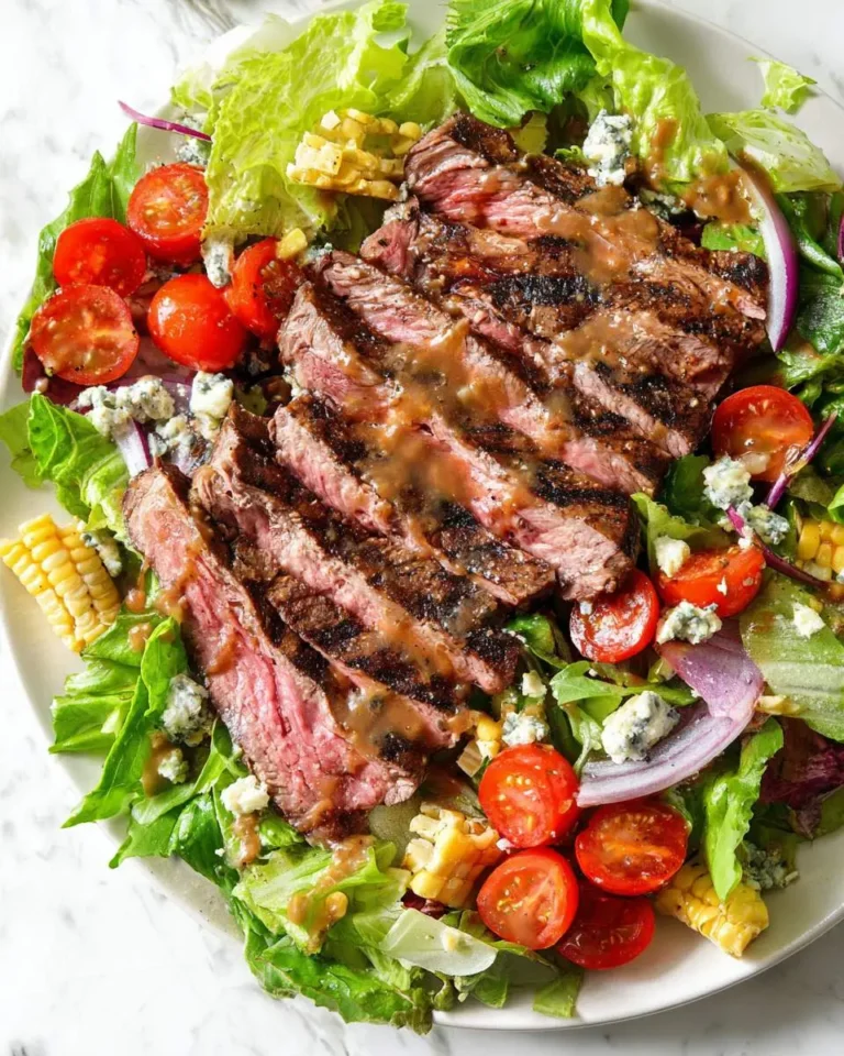 Sliced grilled steak arranged on fresh greens with tomatoes, corn, and blue cheese, drizzled with vinaigrette.