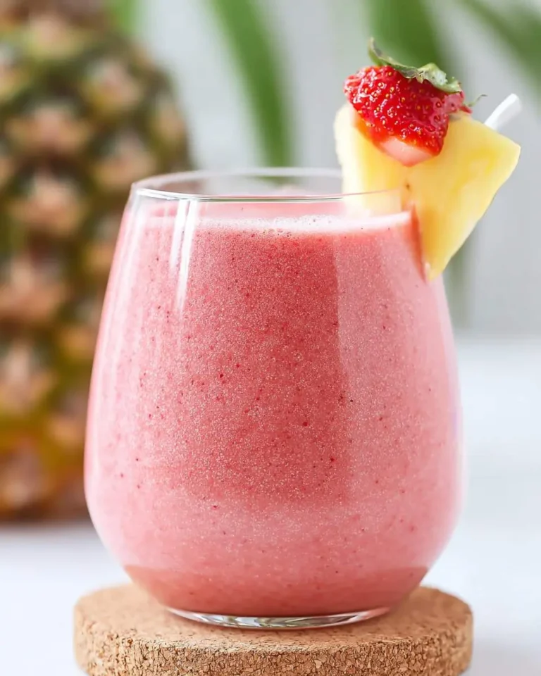 A glass of strawberry banana pineapple smoothie garnished with fresh fruit on a cork coaster.
