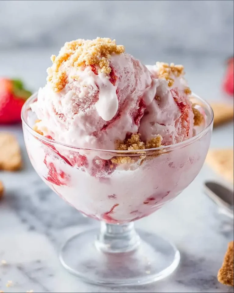 Creamy Strawberry Cheesecake Ice Cream topped with graham cracker crumbles in a glass dessert bowl.