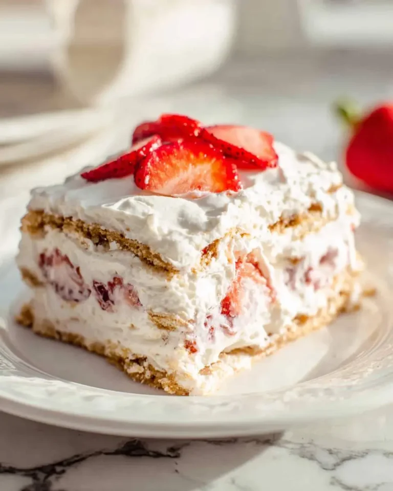 A slice of strawberry icebox cake with layers of graham crackers, whipped cream, and fresh strawberries on a white plate.