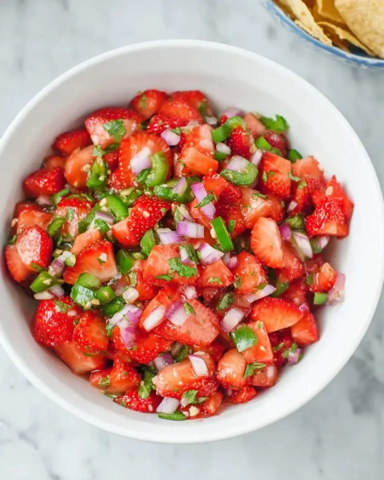 Fresh Strawberry Jalapeño Salsa with diced strawberries, jalapeños, red onion, and cilantro in a white bowl.