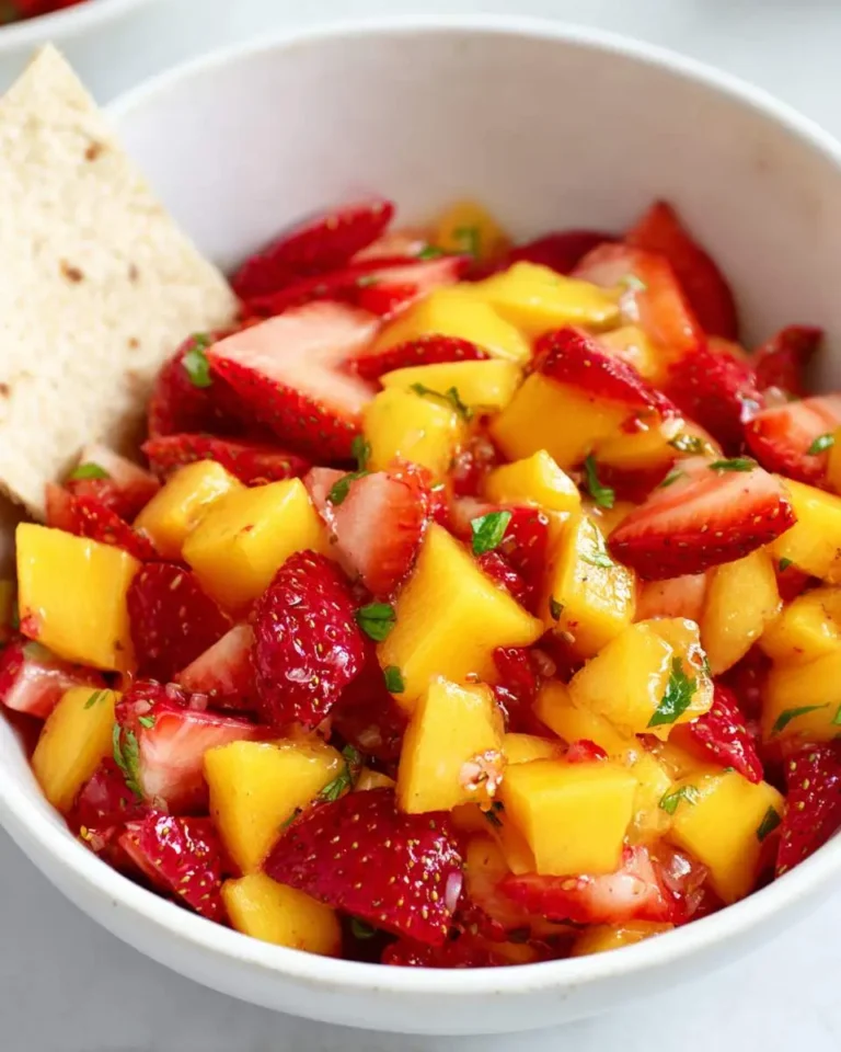 Fresh strawberry mango salsa with diced fruit and herbs in a white bowl served with a tortilla chip.