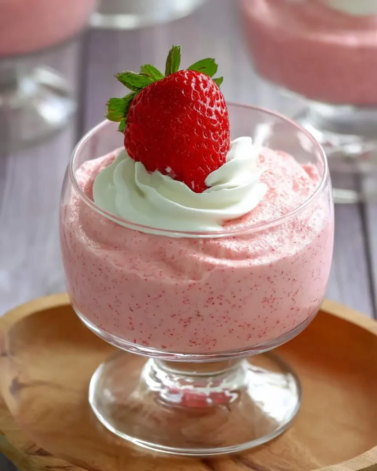 A glass dessert cup filled with creamy strawberry mousse topped with whipped cream and a fresh strawberry.