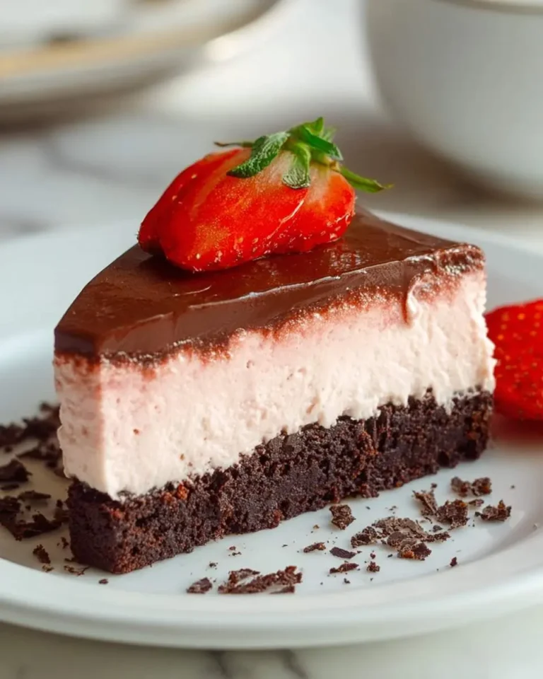 A slice of Strawberry Mousse Brownie Cake topped with chocolate ganache and fresh strawberry on a white plate.