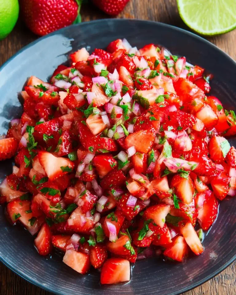 Fresh strawberry salsa with diced strawberries, red onion, and cilantro served in a dark bowl with lime in background.