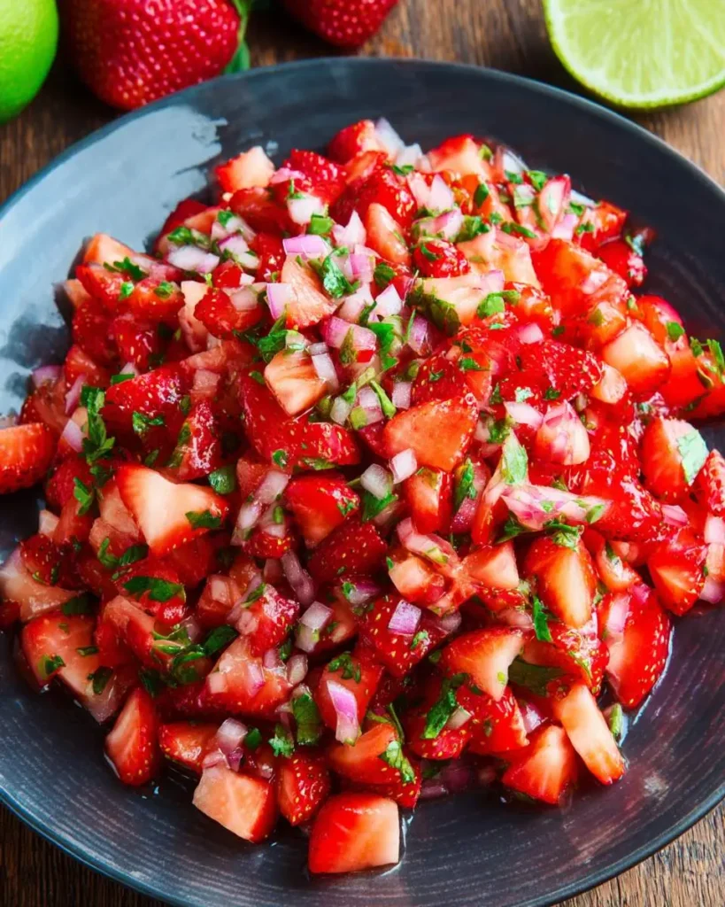 Fresh strawberry salsa with diced strawberries, red onion, and cilantro served in a dark bowl with lime in background.