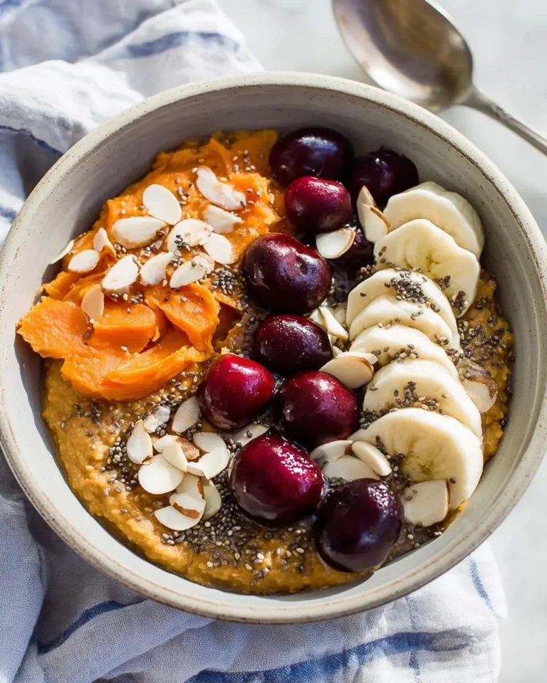 Sweet Potato Breakfast Bowl topped with cherries, banana slices, almonds, and chia seeds in a ceramic bowl.