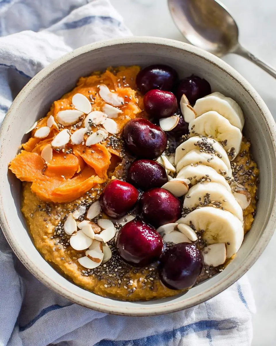 Sweet Potato Breakfast Bowl topped with cherries, banana slices, almonds, and chia seeds in a ceramic bowl.