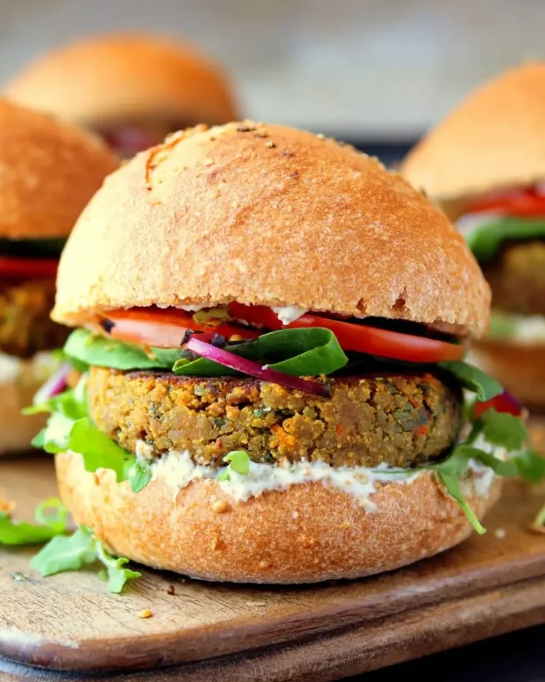 A sweet potato chickpea burger with fresh vegetables and creamy sauce on a wooden board.
