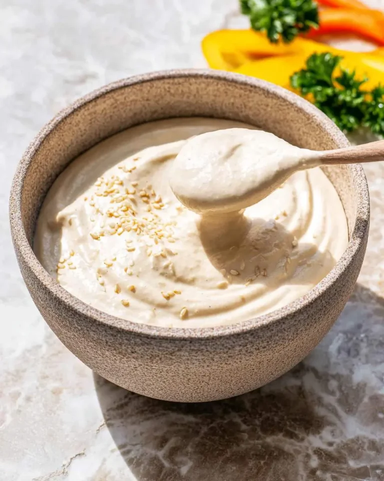 A wooden spoon lifts creamy tahini sauce from a speckled bowl, garnished with sesame seeds.