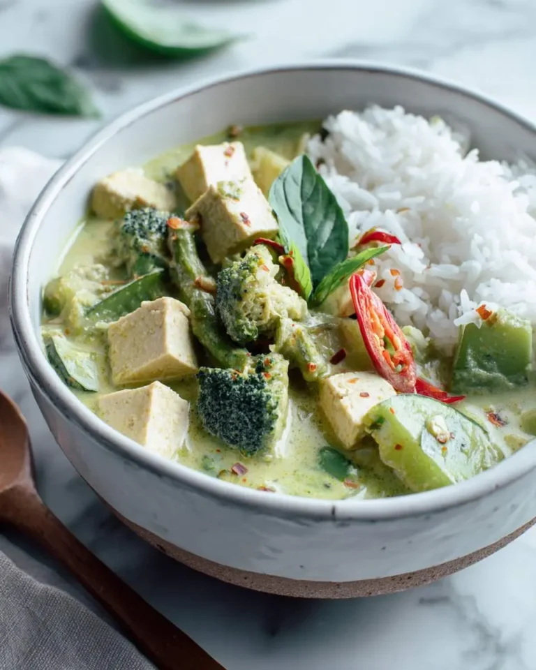 A bowl of Thai green curry with tofu, broccoli, and rice garnished with fresh basil and red chili.