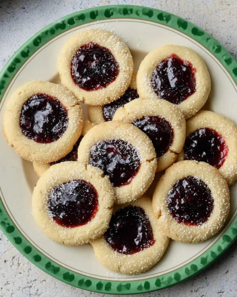 A plate of Thumbprint Cookies with Blackberry Jam, featuring golden shortbread cookies filled with dark purple jam and sprinkled with sugar.