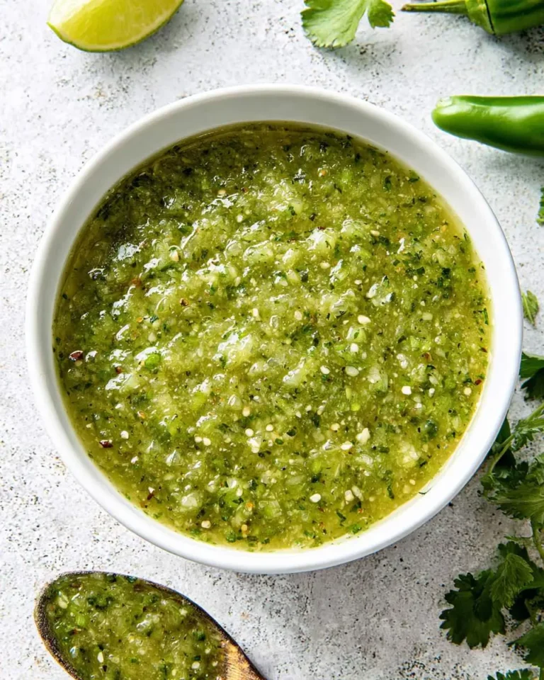 Fresh Tomatillo Salsa Verde served in a white bowl with cilantro, lime, and jalapeño on the side.