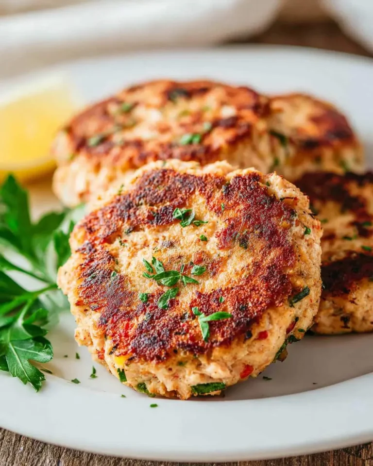 Golden brown Tuna Melt Patties served on a white plate with fresh parsley and lemon.