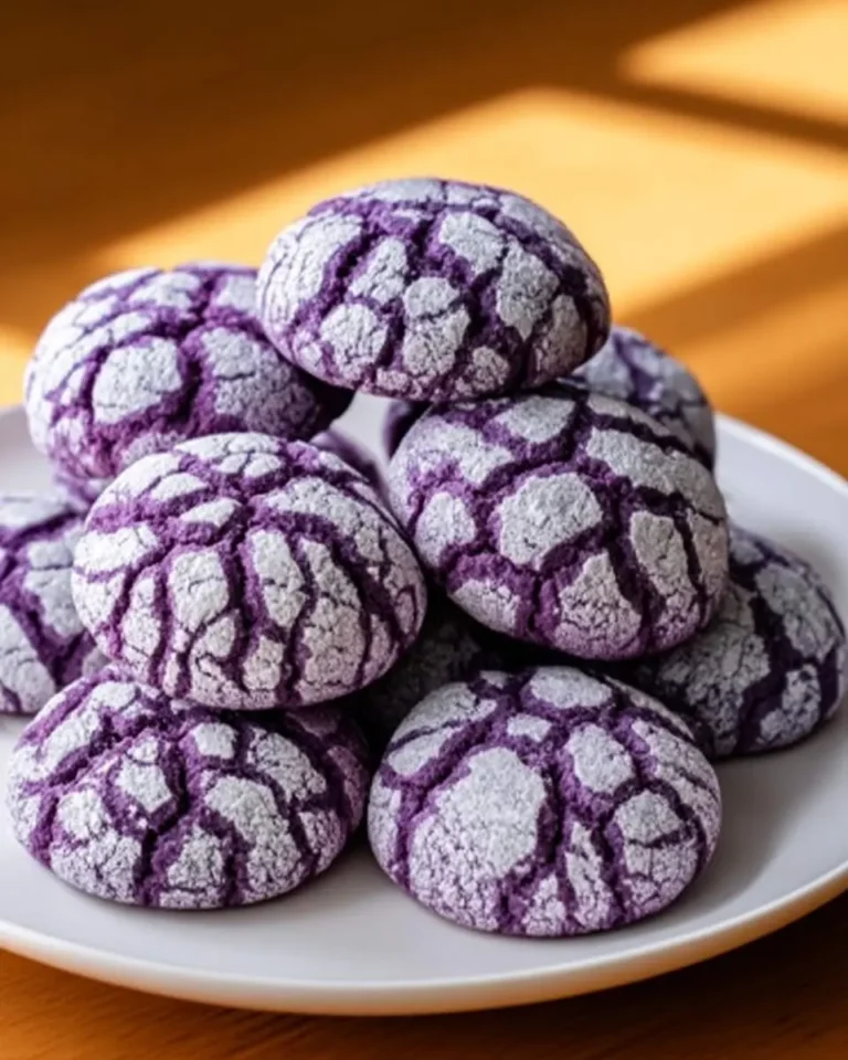 A stack of purple ube crinkle cookies coated in powdered sugar on a white plate.