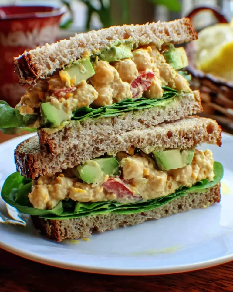 Stacked vegan chickpea salad sandwich with avocado and greens on whole grain bread.