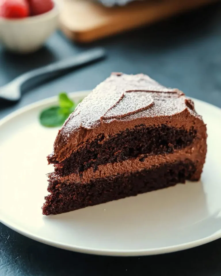 A slice of rich, layered vegan chocolate cake with creamy frosting and powdered sugar on a white plate.