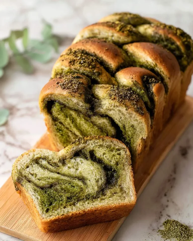 A sliced loaf of vegan matcha bread with green swirl pattern on a wooden board.