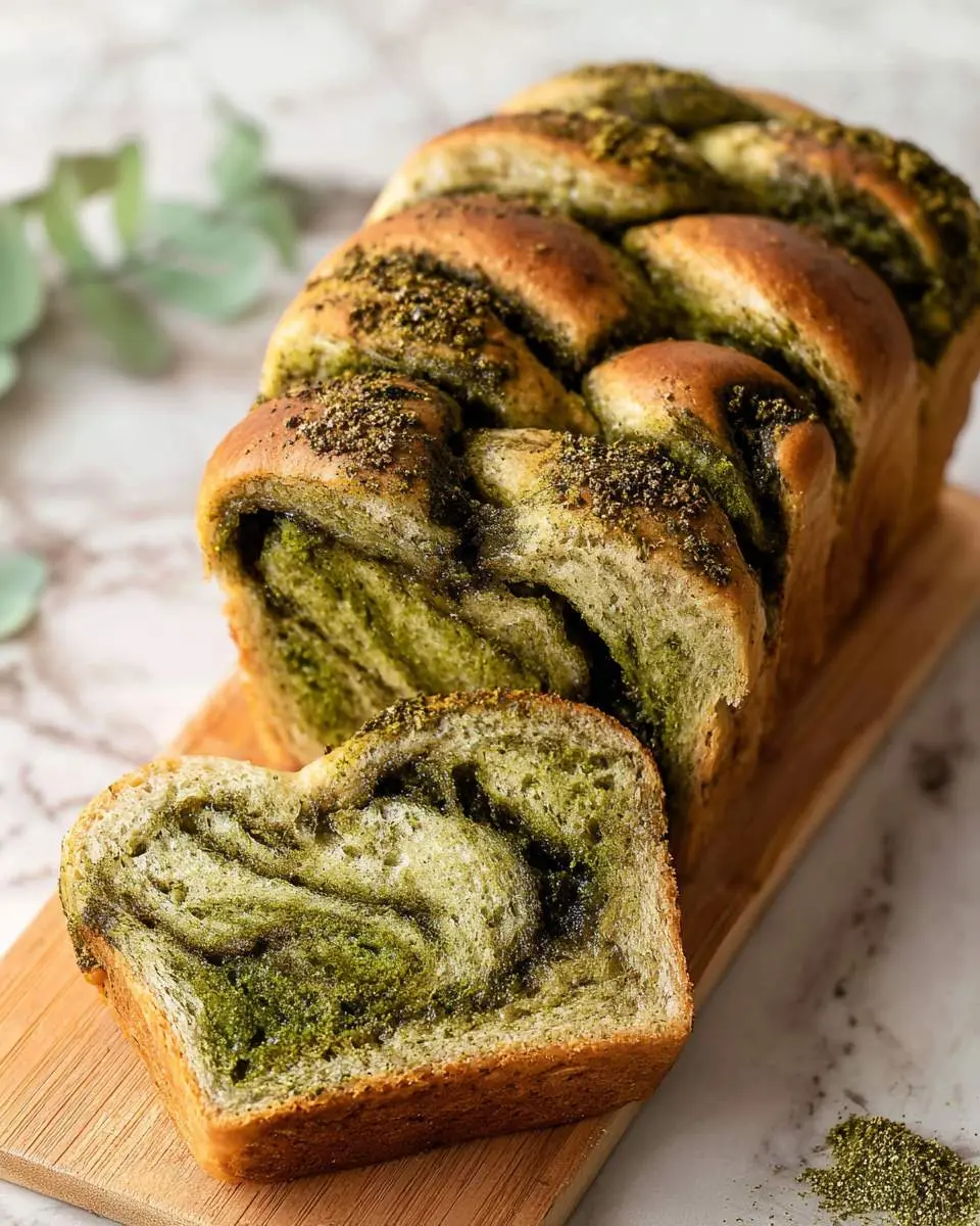A sliced loaf of vegan matcha bread with green swirl pattern on a wooden board.