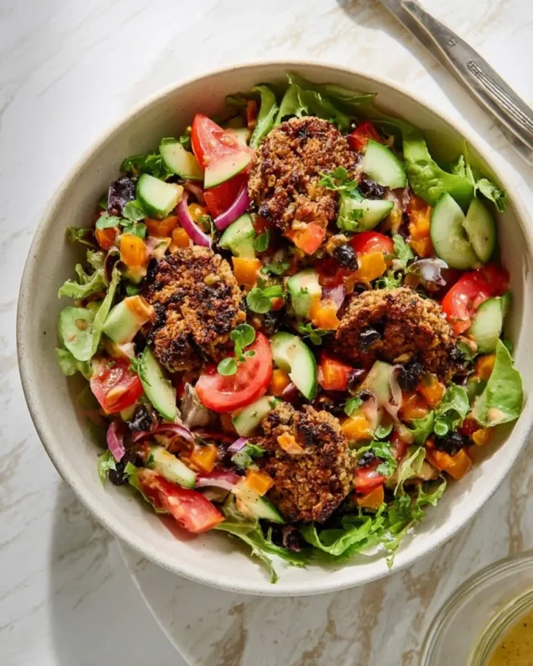 A colorful Veggie Burger Salad bowl featuring crispy plant-based patties, fresh vegetables, and greens on a marble surface.