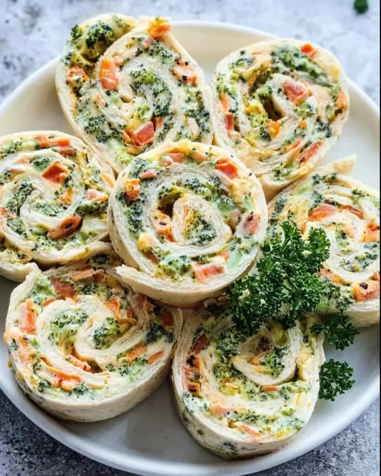 Colorful Veggie Pinwheels with Broccoli and Carrots arranged on a white plate with fresh parsley garnish.