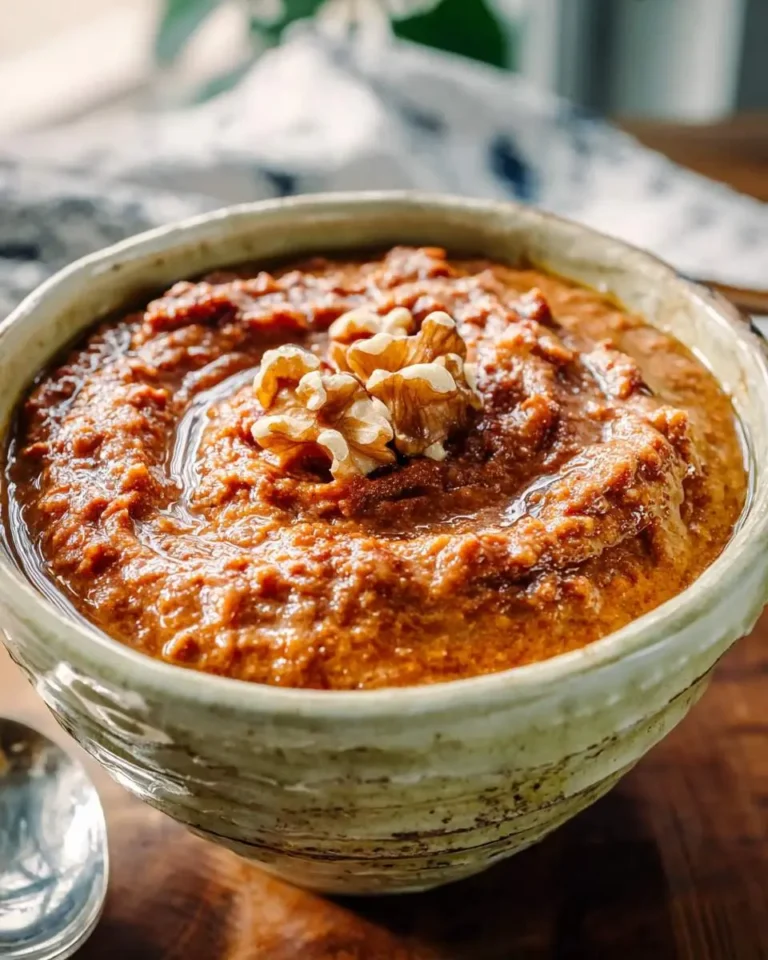 A rustic ceramic bowl filled with Walnut Romesco Sauce, topped with a whole walnut and drizzled with olive oil.