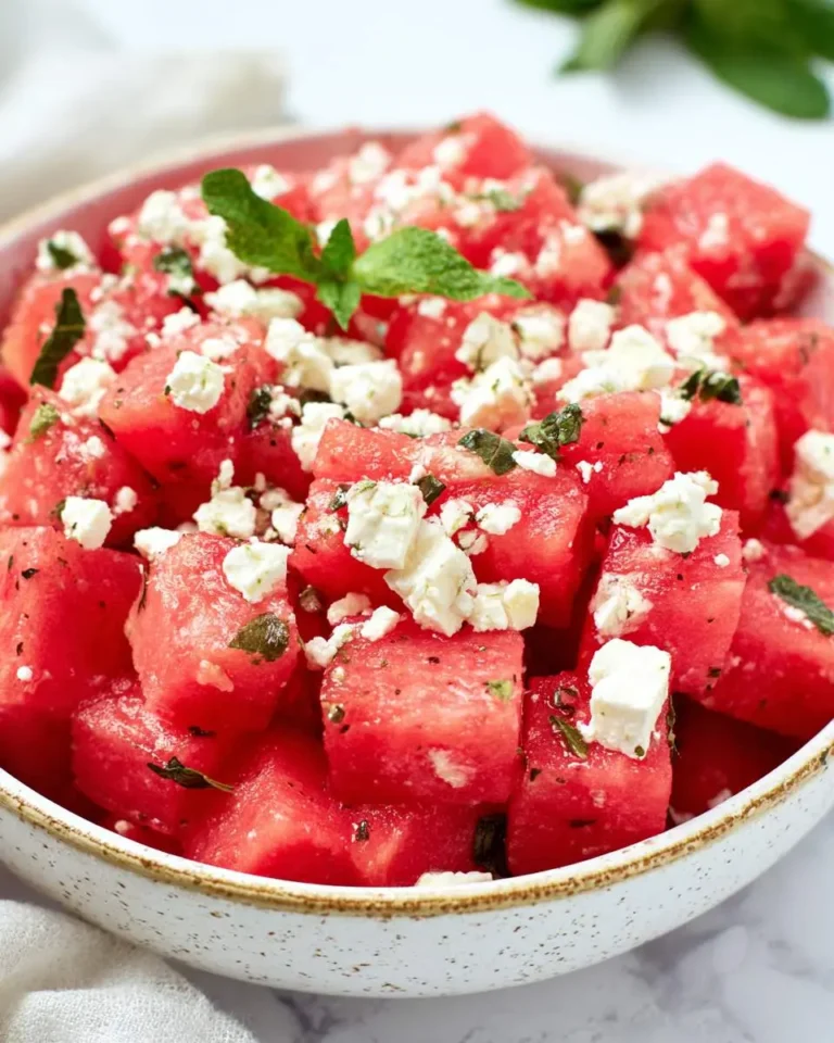 Fresh Watermelon Feta Salad with mint in a speckled bowl, featuring cubed watermelon topped with crumbled feta cheese.
