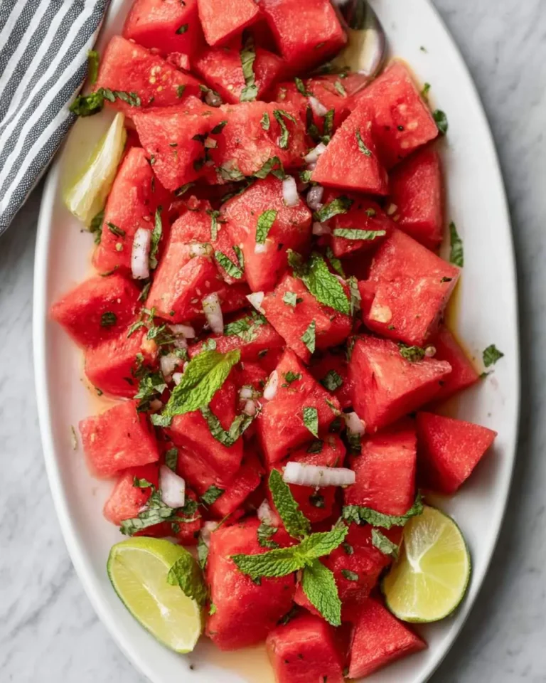 Fresh Watermelon Mojito Salad with mint, lime, and onions served on a white oval platter.