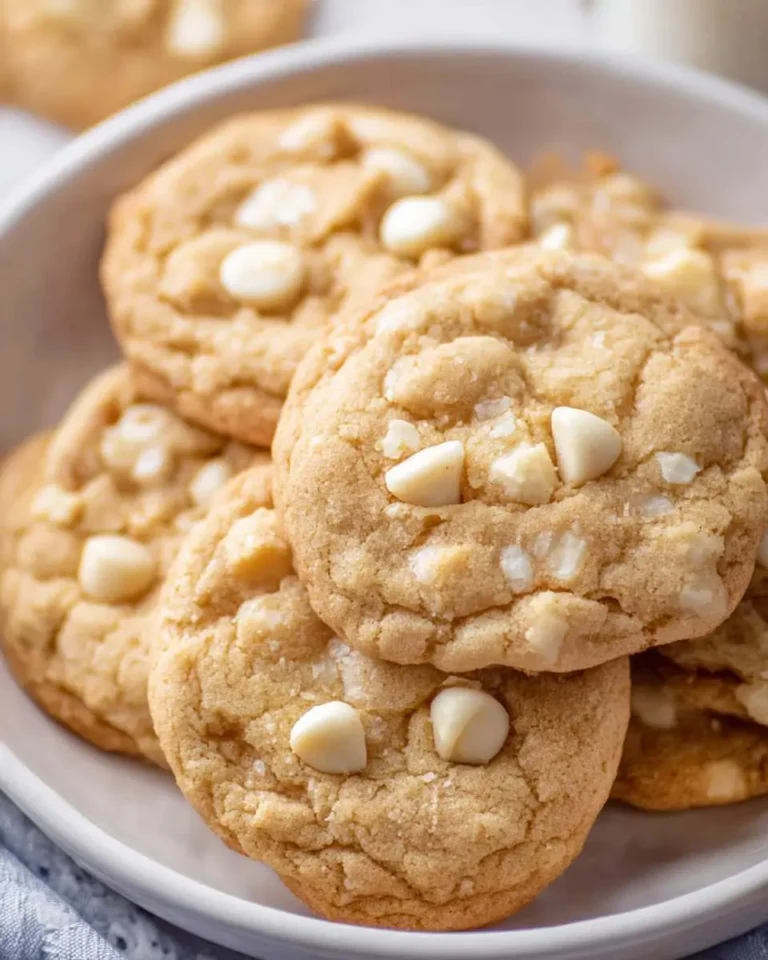 A white bowl filled with golden brown White Chocolate Macadamia Cookies studded with white chocolate chips and macadamia nuts.